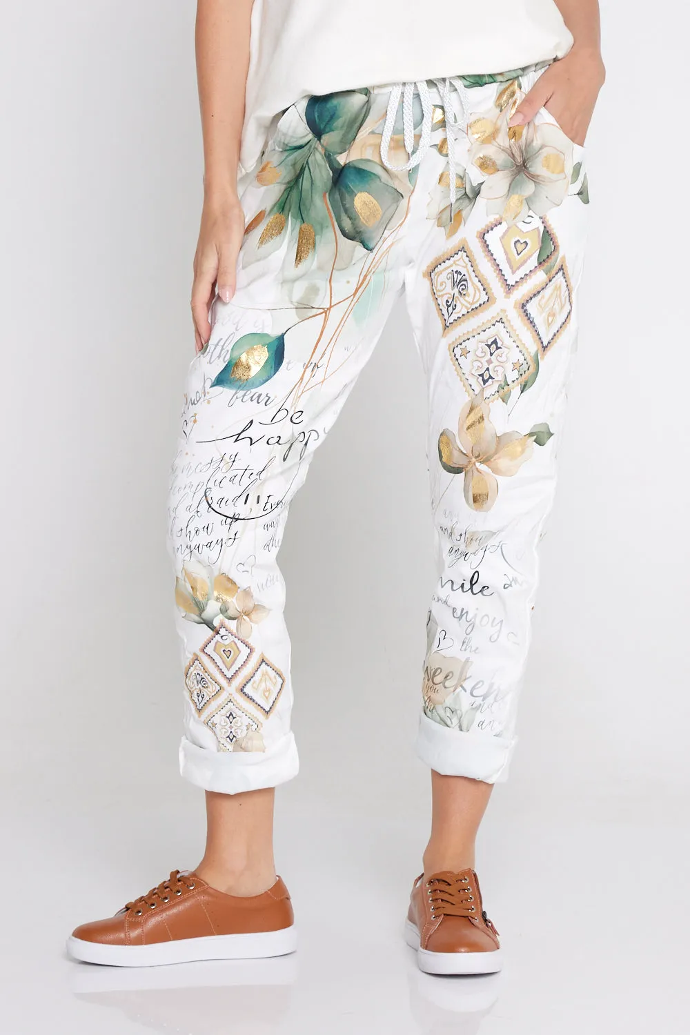 Alina Pants - Gold & Jade Leaf