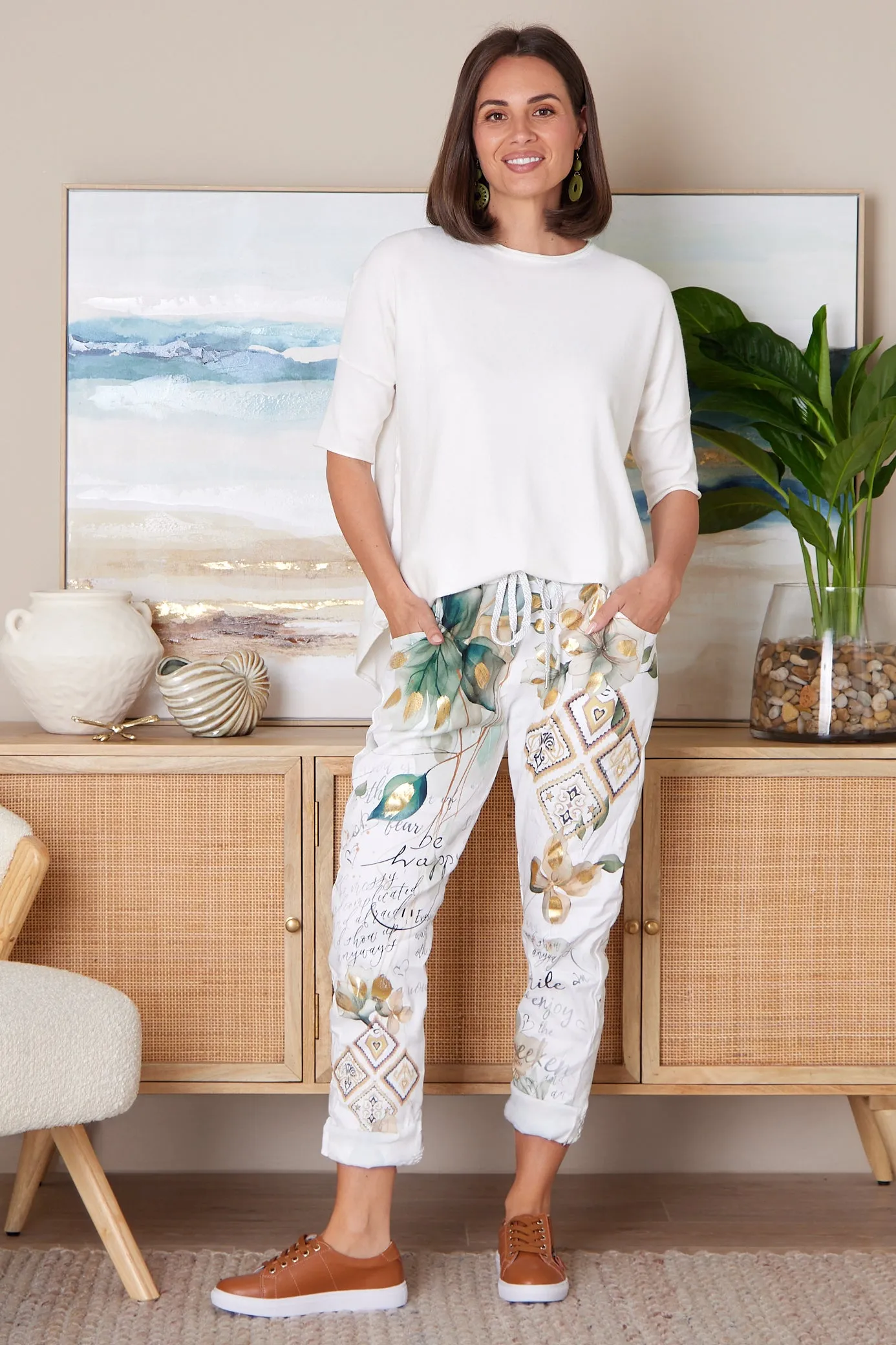 Alina Pants - Gold & Jade Leaf