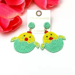 Beaded Hatching Chick Easter Earrings in Mint