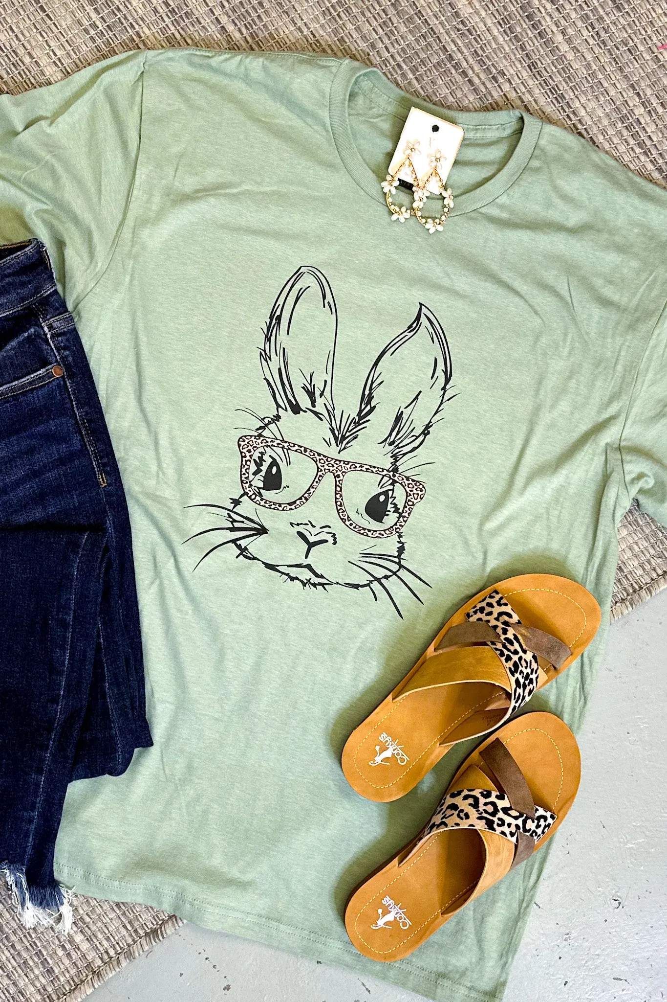 Bunny Leopard Glasses Graphic Tee, Sage