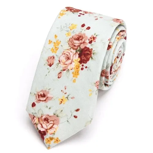 Classy Men Mint Green Floral Skinny Cotton Tie