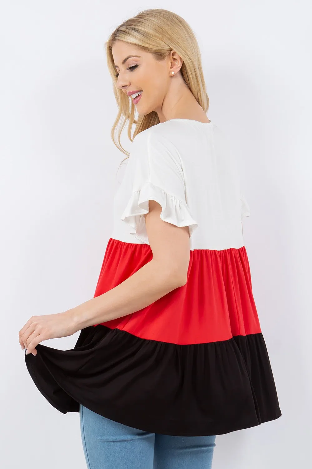 Full Size Color Block Ruffled Short Sleeve Top