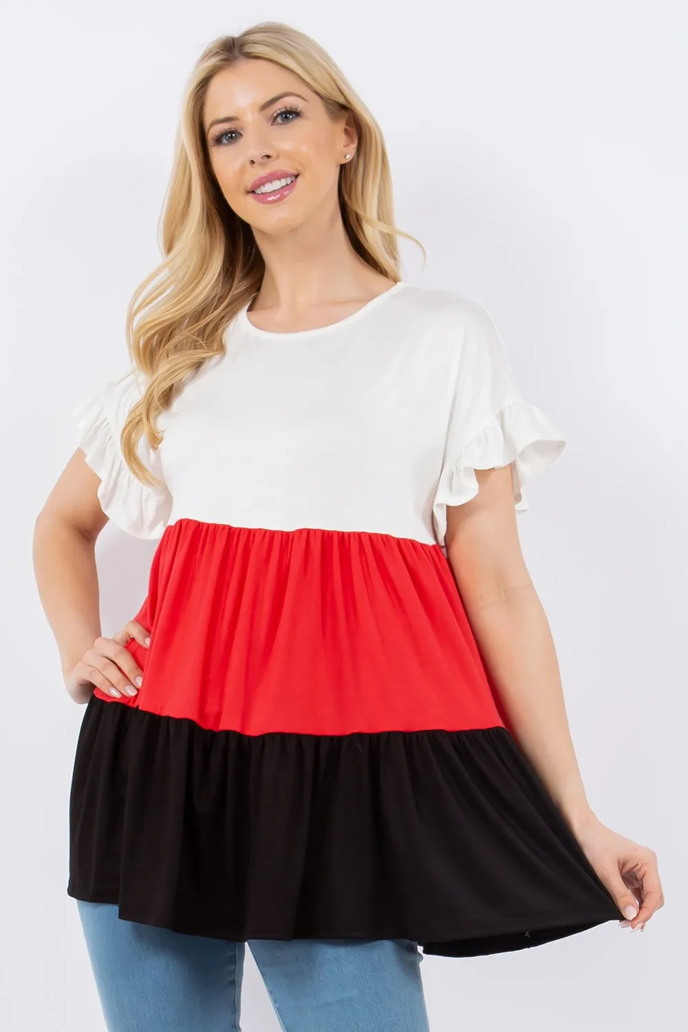 Full Size Color Block Ruffled Short Sleeve Top