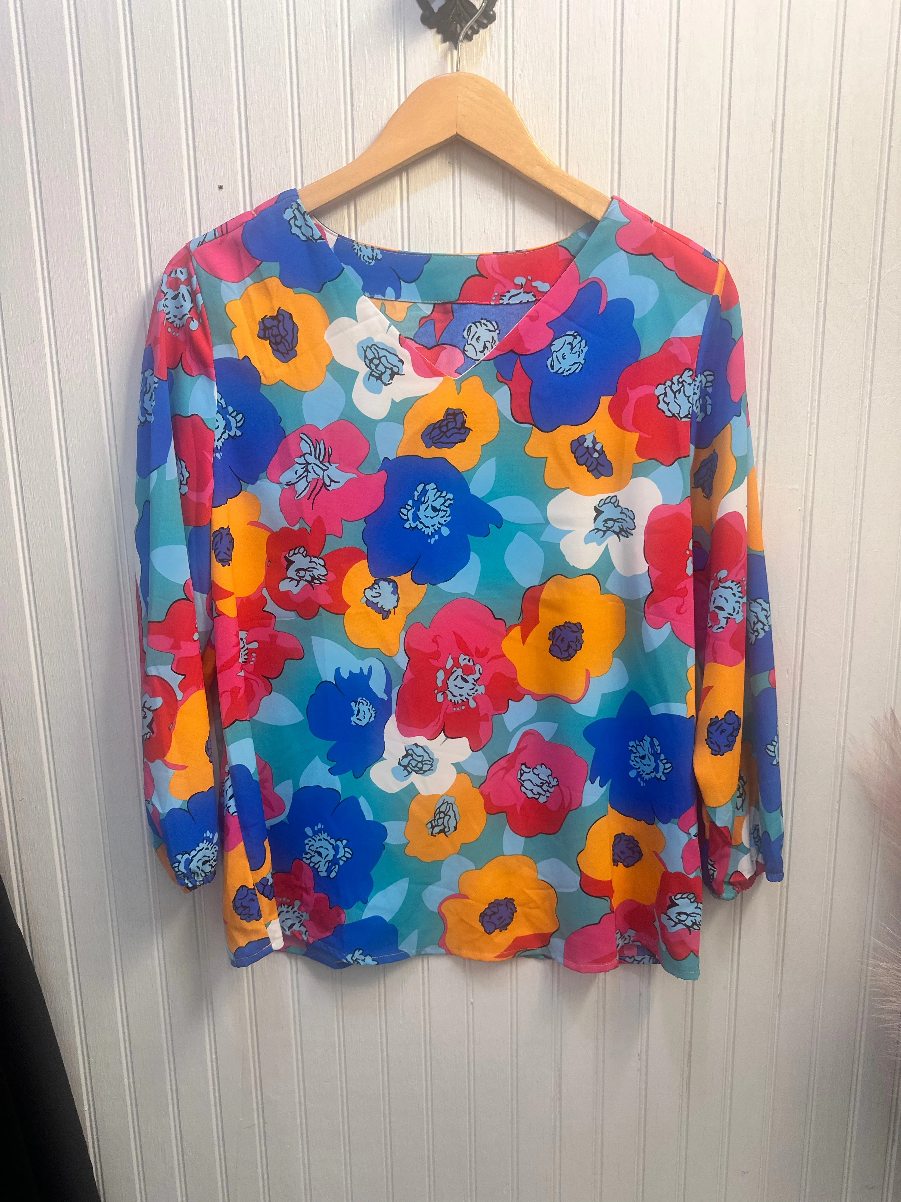 Multicolor Floral Print V Neck 3/4 Sleeve Blouse