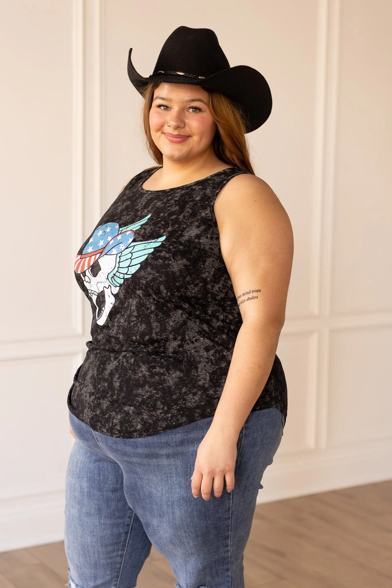 Patriotic Winged Skull on Black Acid Wash Tank