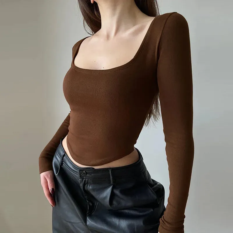 Square Collar Long Sleeve Y2K Stitch Autumn Bare Navel Solid Crop Knitted Top