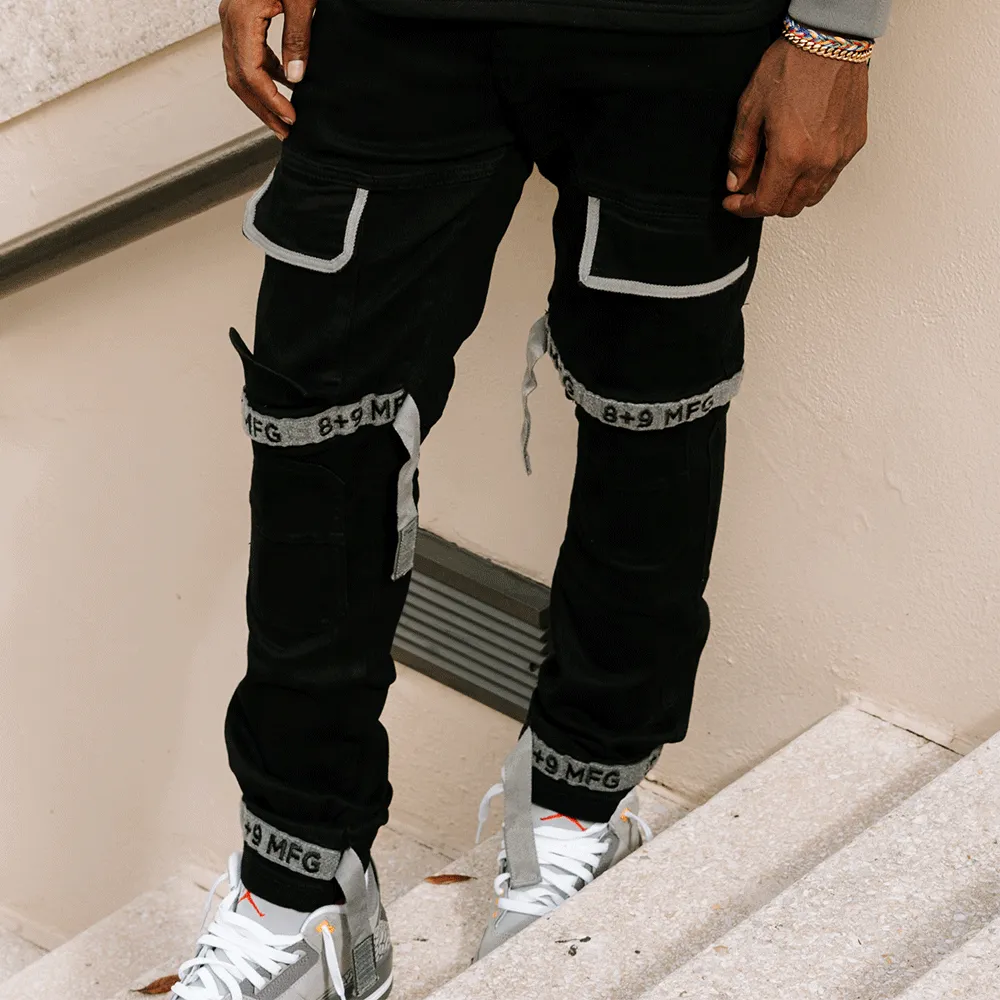 Strapped Up Slim Jeans Jet Black Grey Straps